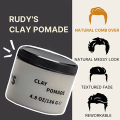 Rudy's Clay Pomade delivers a matte finish for natural styling.