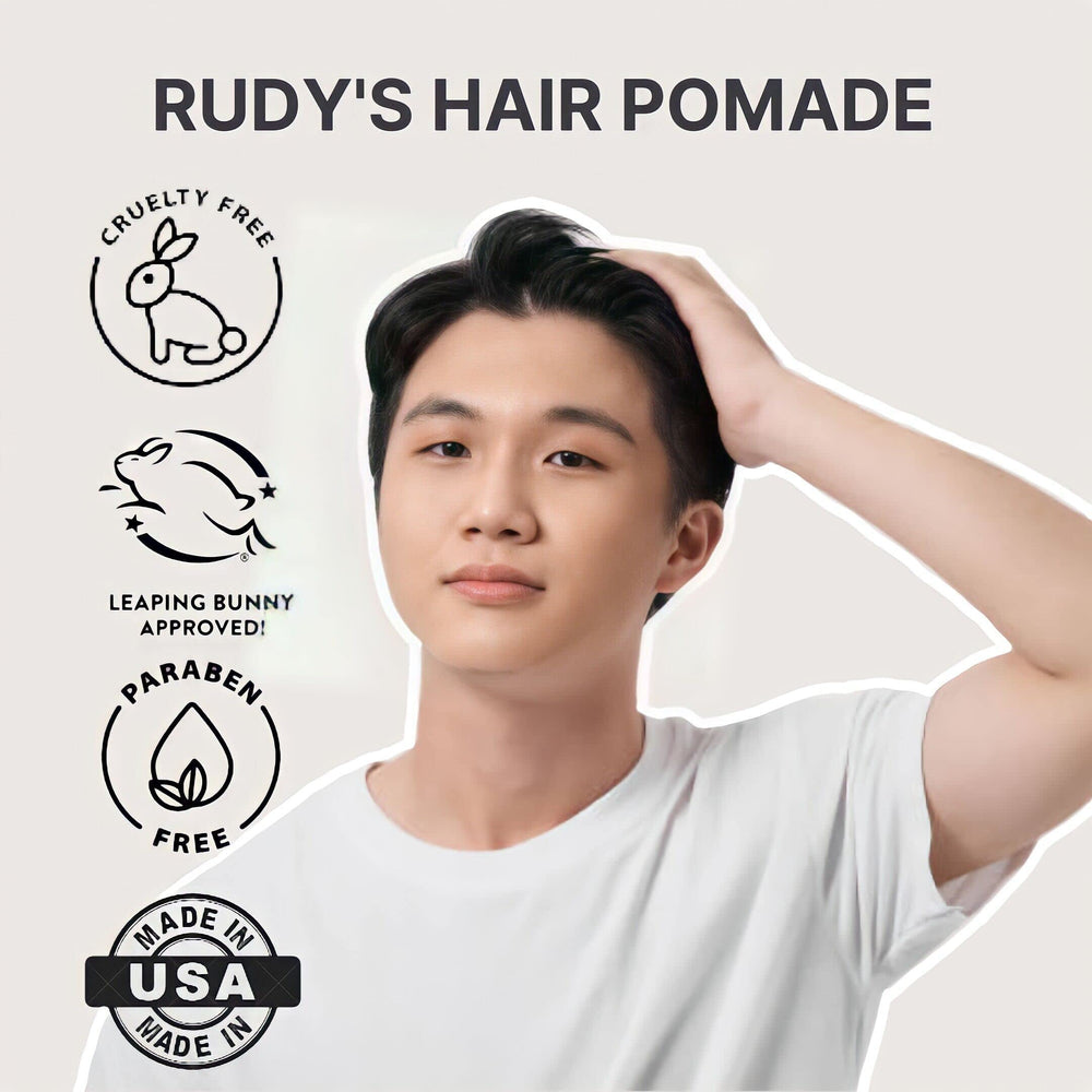 Rudy's Soft Clay Pomade dime-sized amount demonstrating easy application.