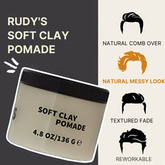 Rudy's Soft Clay Pomade hair styling in action for natural separation.