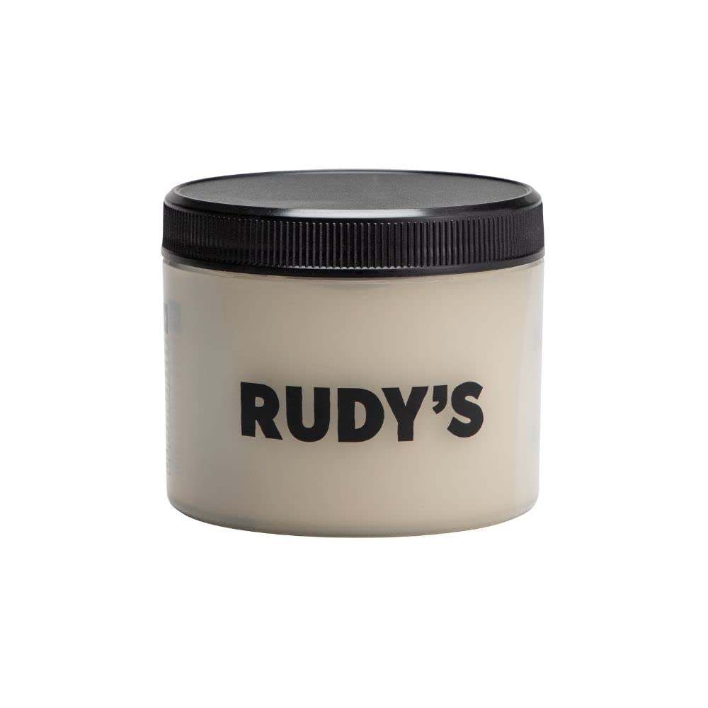 Rudy's Soft Clay Pomade jar close-up showing the matte finish and pliable texture.