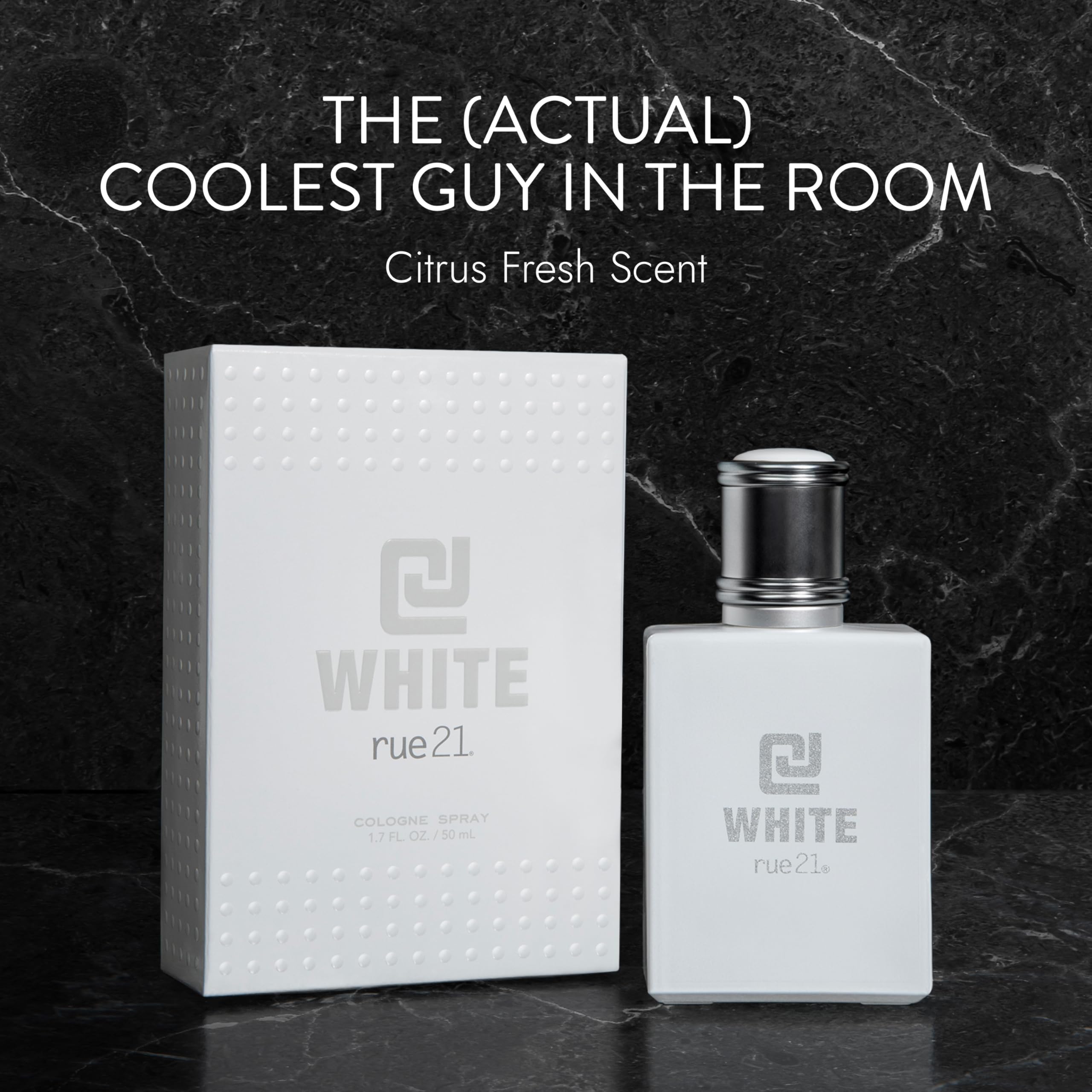 Rue 21 CJ White packaging display evokes a clean, versatile scent