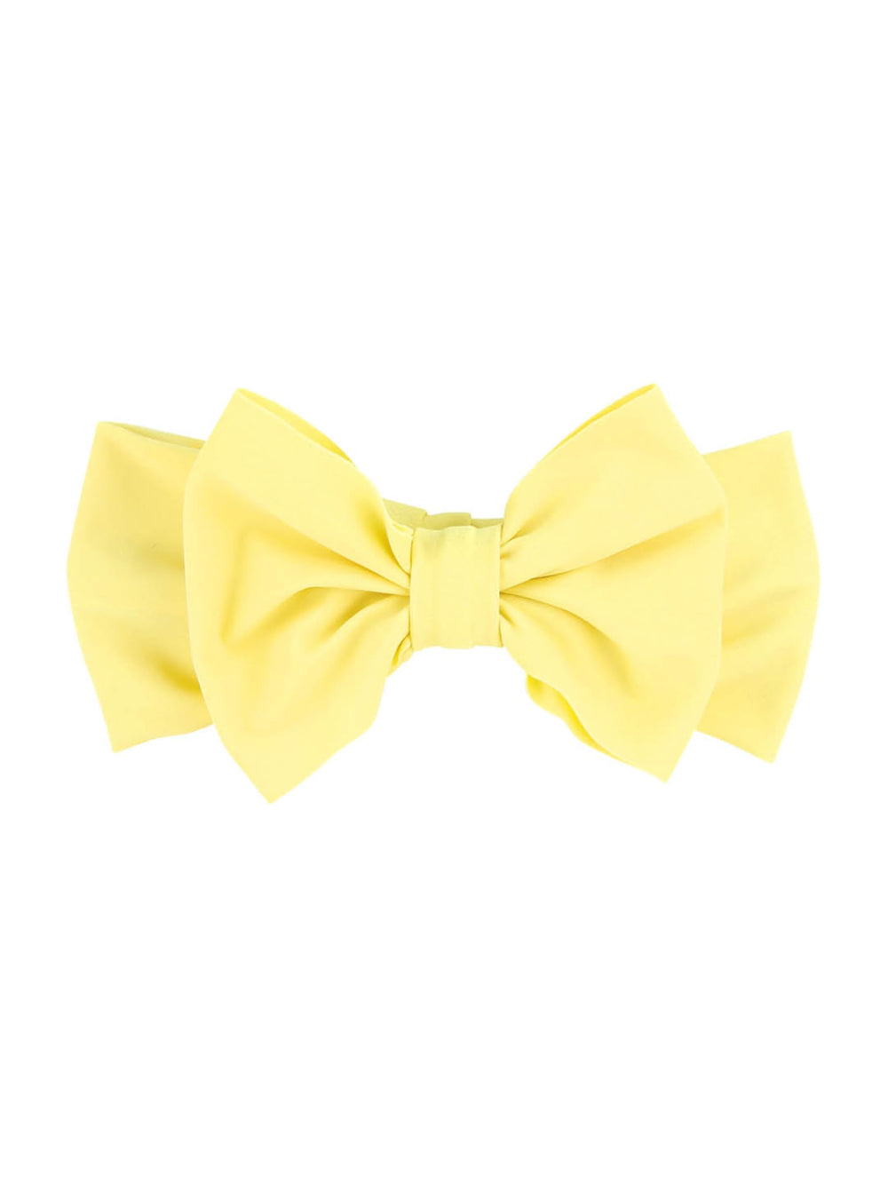 RuffleButts Banana Swim Bow Headband worn by a child, playful poolside accessory for sun-safe style.