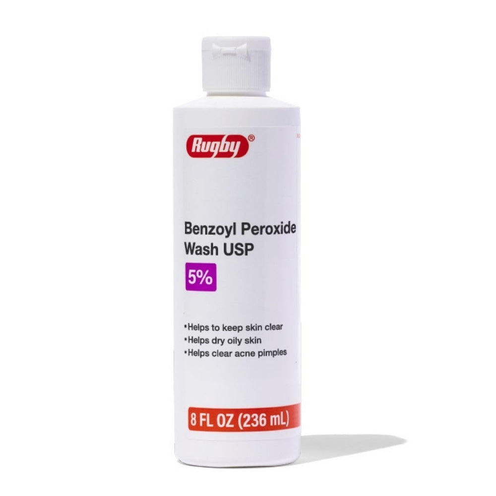 Rugby Benzoyl Peroxide Wash bottle with five percent formula for oil-prone skin