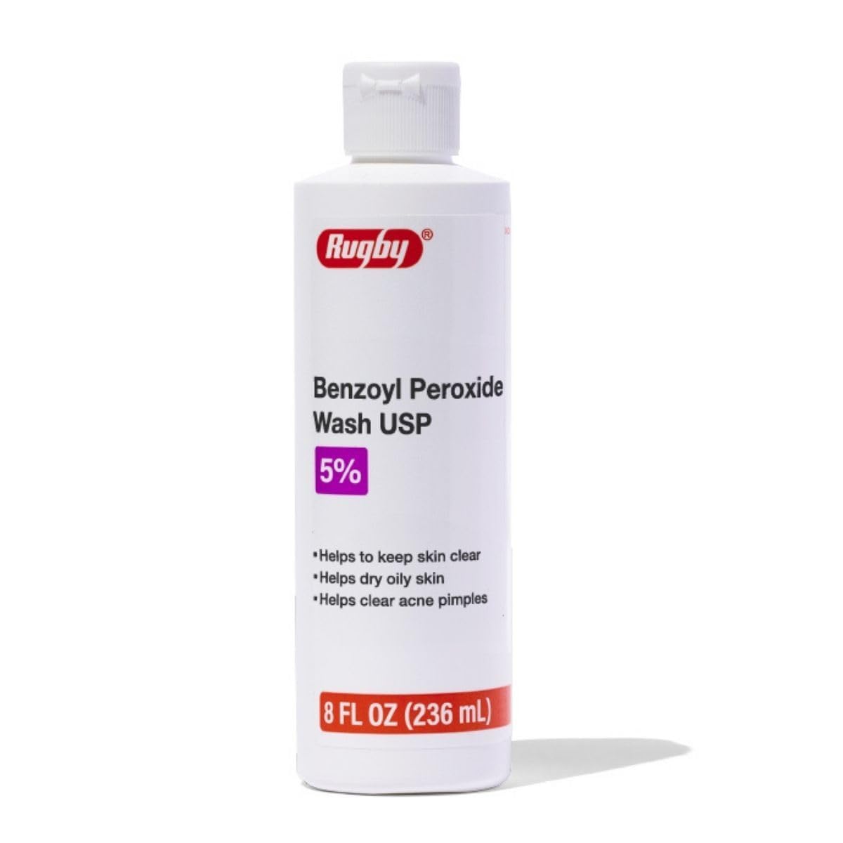 Rugby Benzoyl Peroxide Wash bottle with five percent formula for oil-prone skin