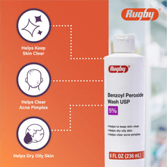 Close-up of label highlighting 5% benzoyl peroxide on Rugby wash