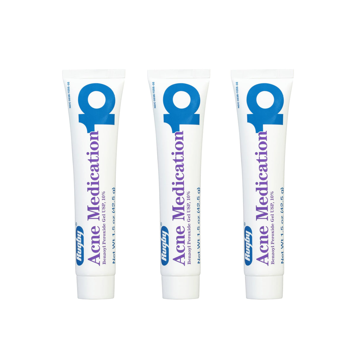 Rugby Laboratories benzoyl peroxide gel 10% tube packaging for targeted acne care