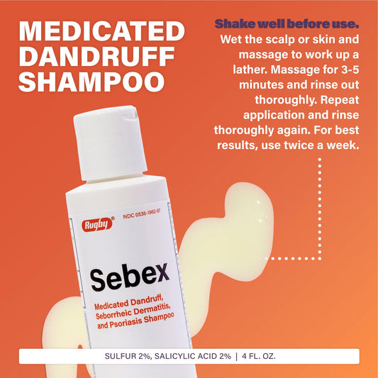 Rugby Sebex label close-up highlighting medicated ingredients for dandruff control