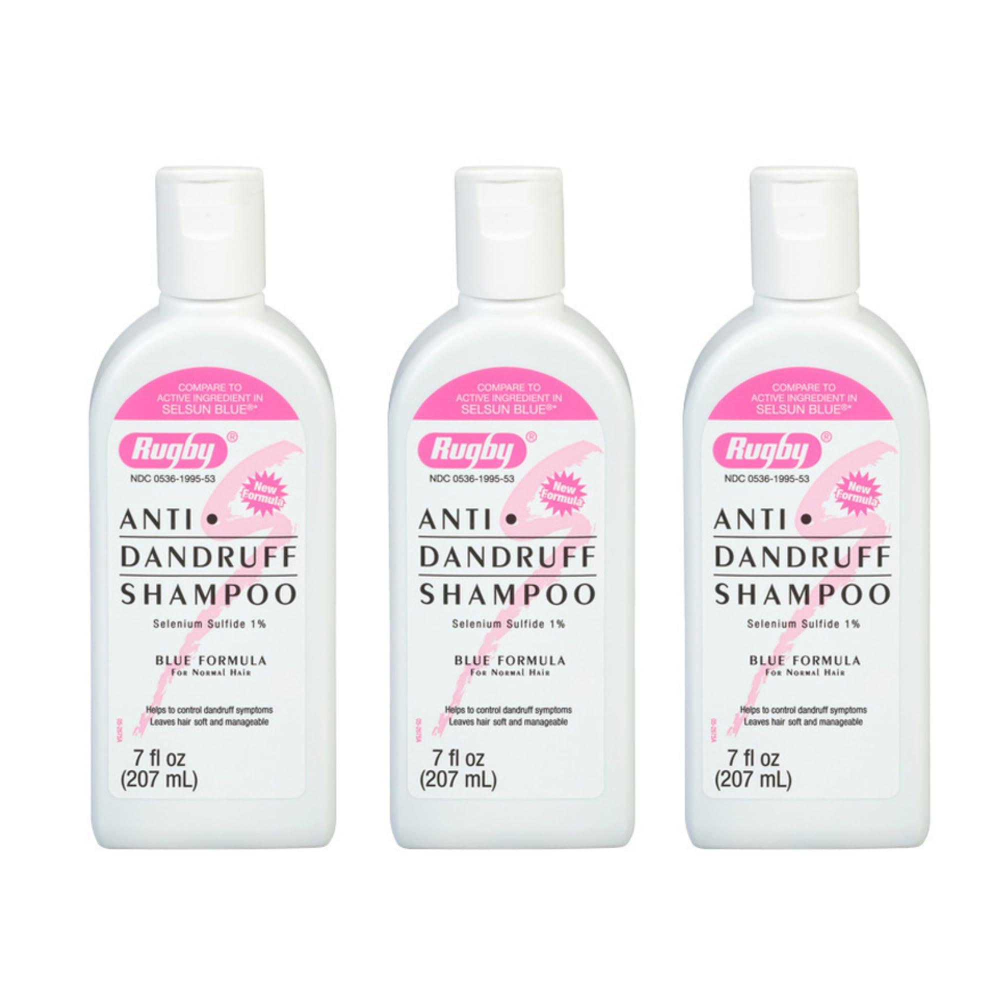 Rugby Selenium Sulfide Anti-Dandruff Shampoo bottle with blue formula for normal hair