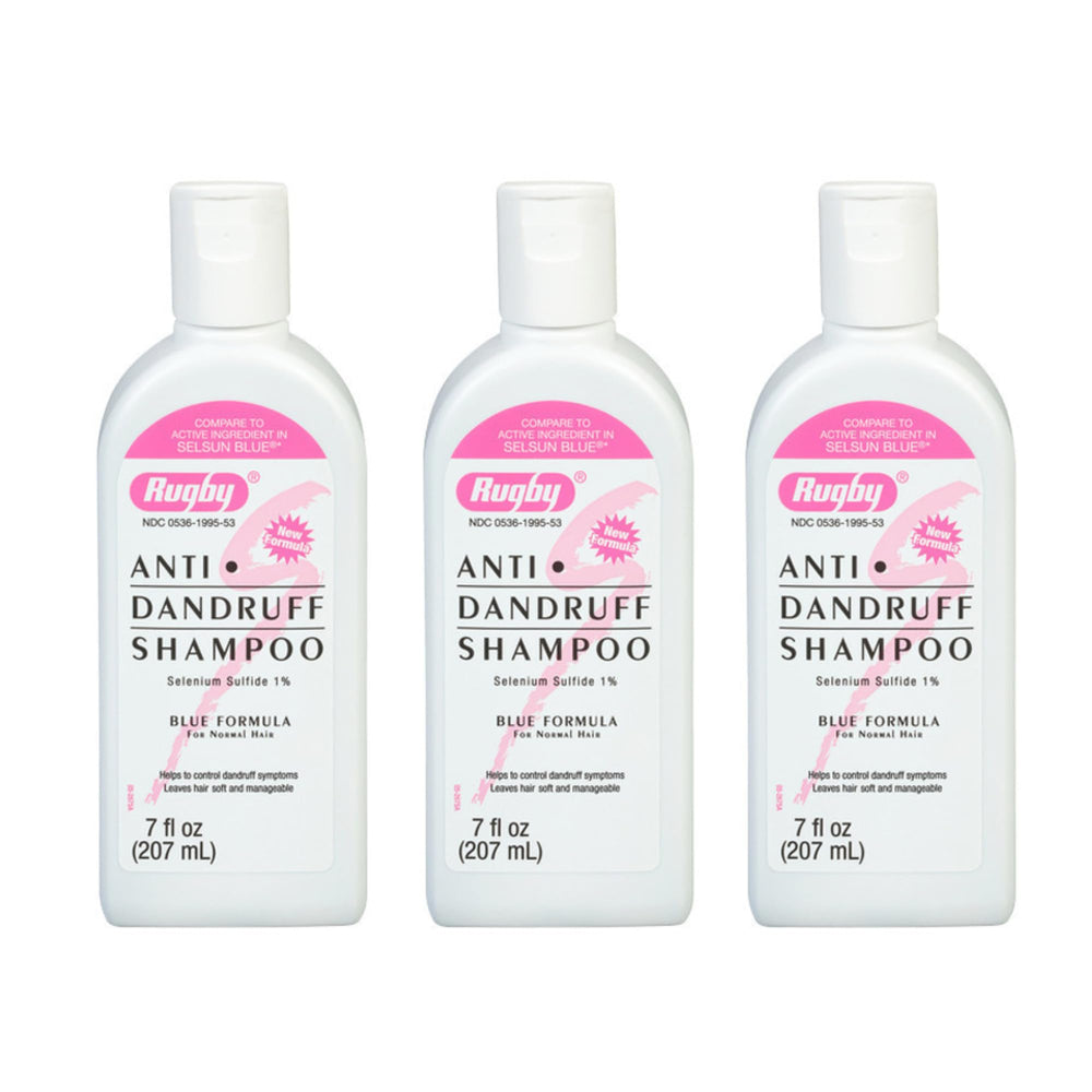 Rugby Selenium Sulfide Anti-Dandruff Shampoo bottle with blue formula for normal hair