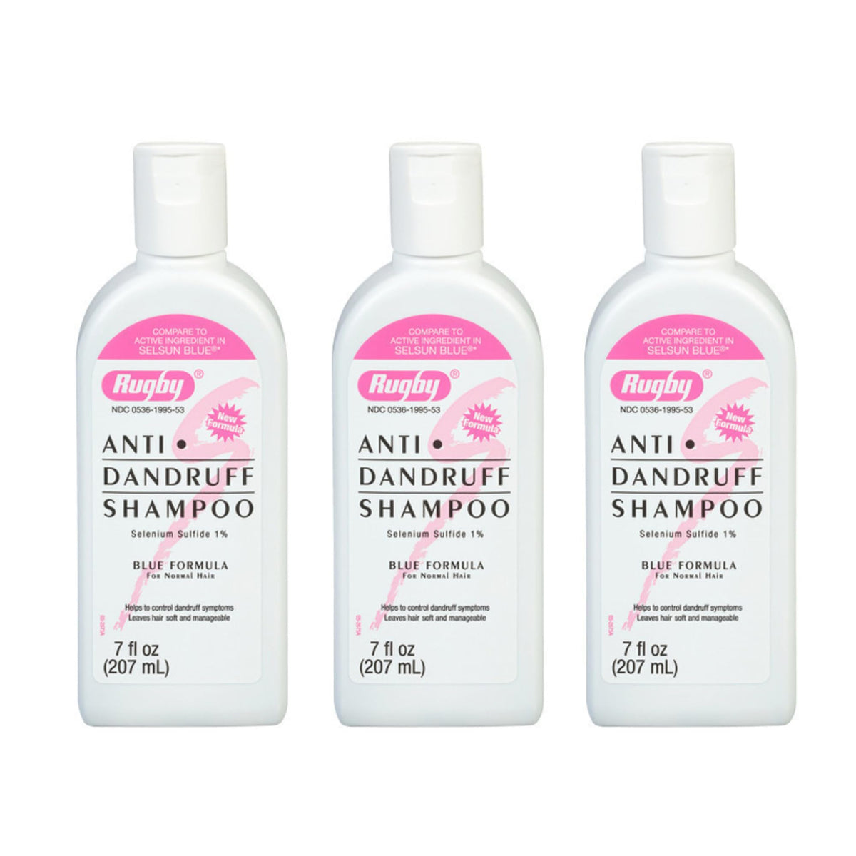 Rugby Selenium Sulfide Anti-Dandruff Shampoo bottle with blue formula for normal hair