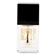 Rugged Beauty quick-dry top coat in a clear bottle with precise brush for clean application.