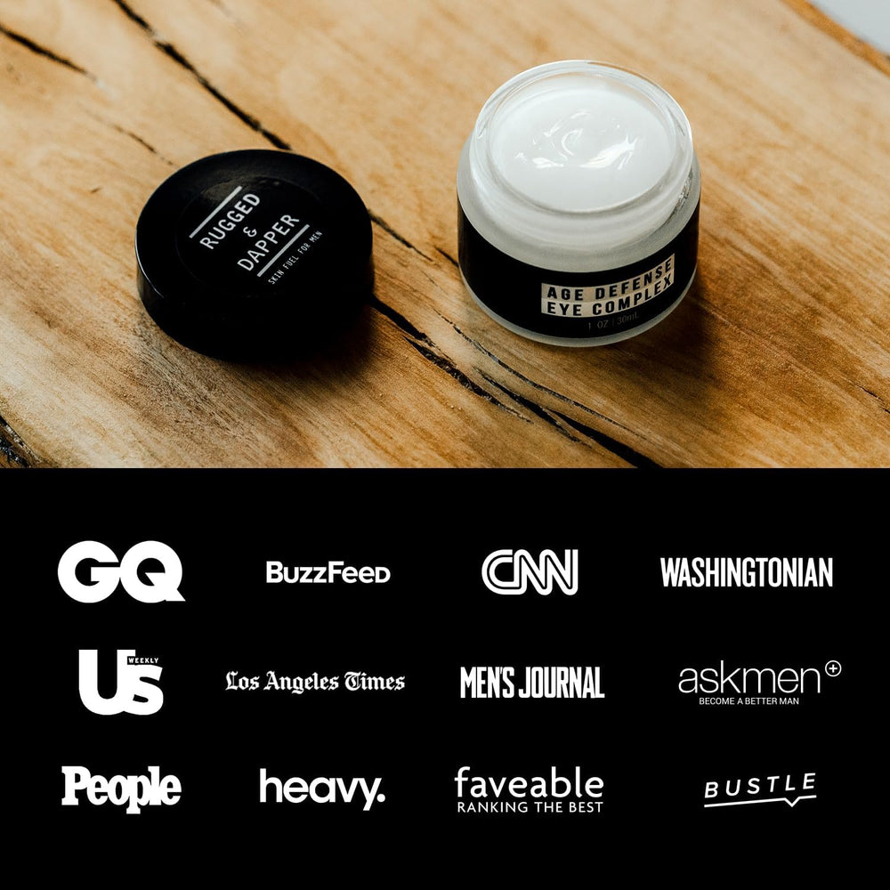 RUGGED & DAPPER eye cream tube shown as part of men's skincare routine.
