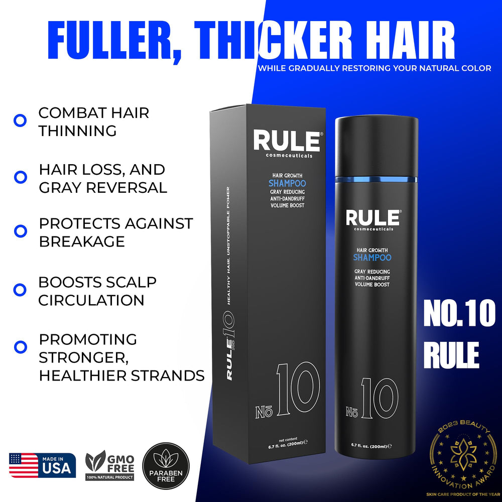 Rule No.10 bottle features gingko biloba ingredients for scalp care.