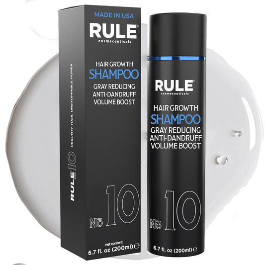 Rule No.10 grey reducing shampoo bottle front view shows color revival potential.