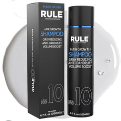 Rule No.10 grey reducing shampoo bottle front view shows color revival potential.