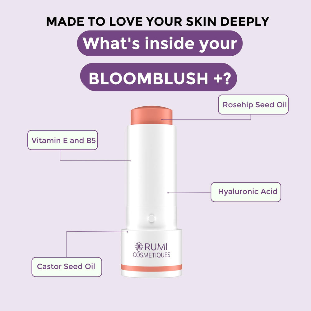 Rumi BloomBlush+ Berry Kiss shade swatch on cheek