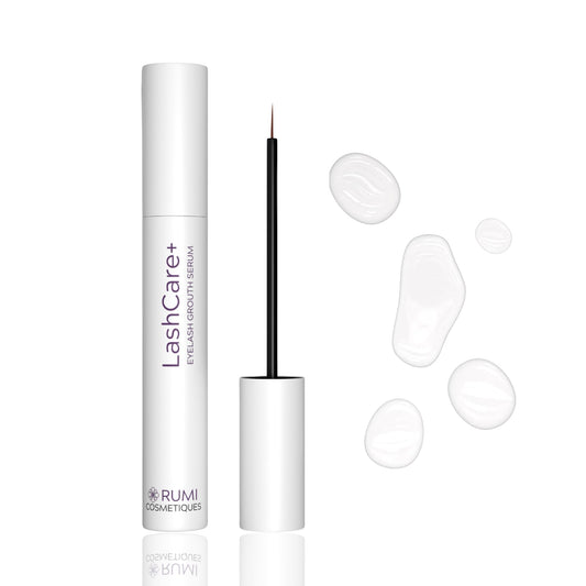 Rumi Cosmetiques LashCare+ serum bottle ready for nighttime use to support fuller lashes