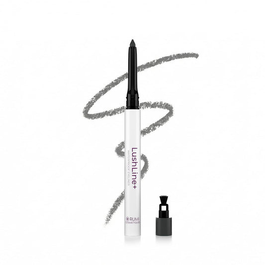 Rumi Cosmetiques LushLine+ waterproof eyeliner natural grey offers lasting definition for mature eyes.