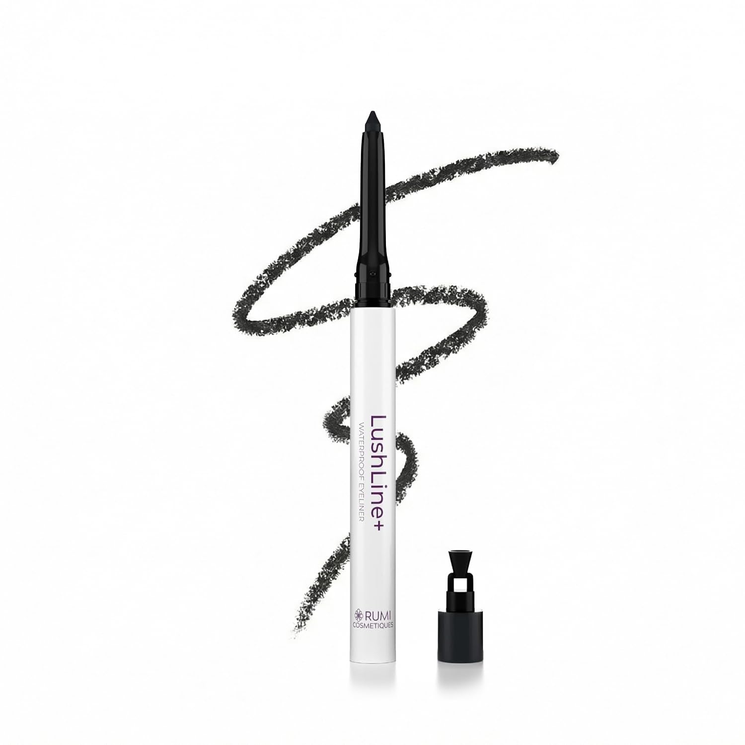 Rumi Cosmetiques LushLine+ Natural Black close-up highlighting waterproof, long-lasting definition for mature lids
