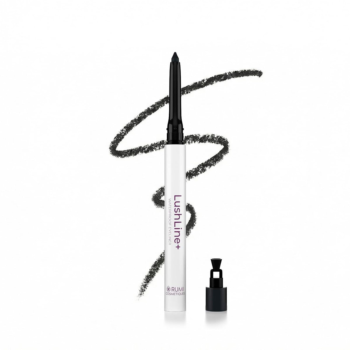 Rumi Cosmetiques LushLine+ Natural Black close-up highlighting waterproof, long-lasting definition for mature lids