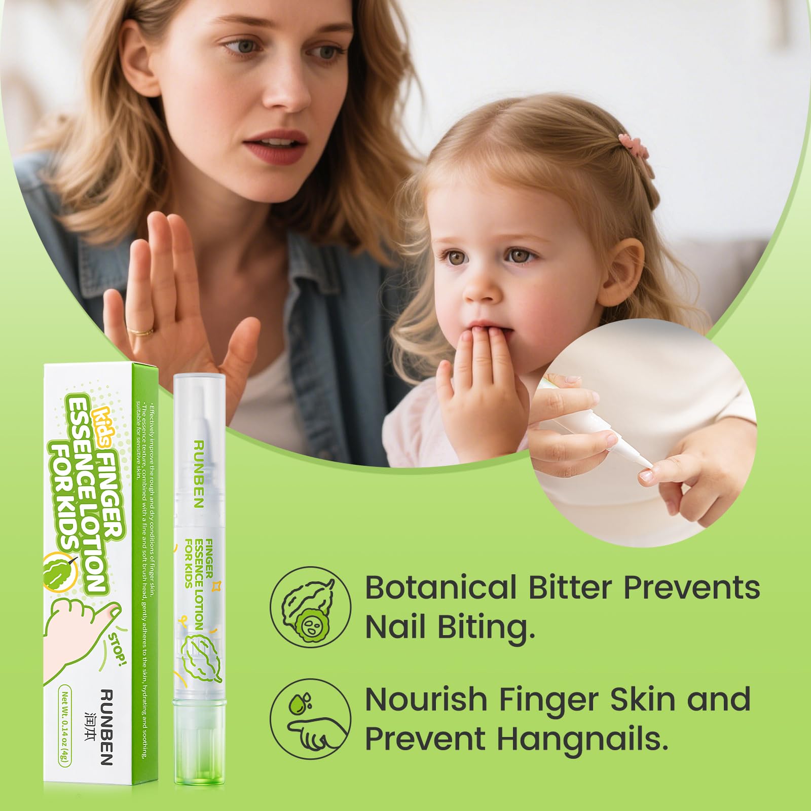 RUNBEN Stop Biting Nails pen application demonstrates mess-free, quick-dry dispensing for active kids
