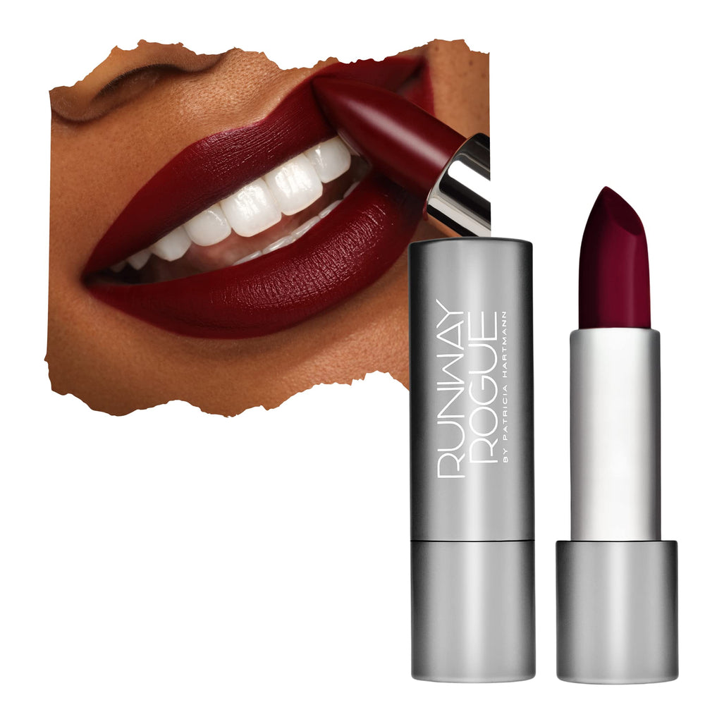 Runway Rogue 1993 lipstick tube in midnight merlot delivers bold burgundy color.