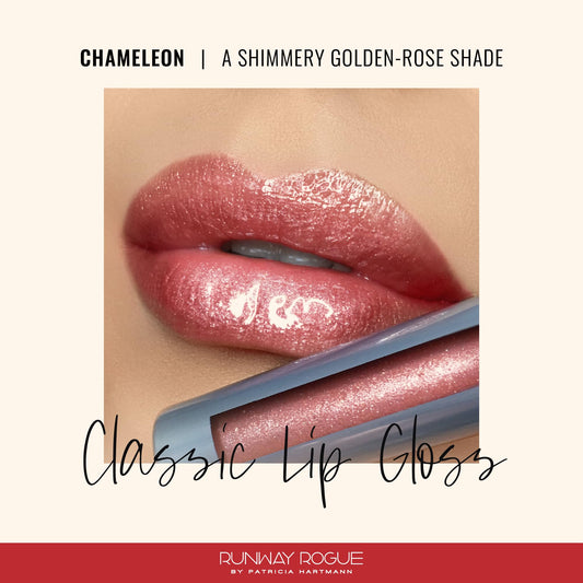 Runway Rogue Chameleon swatches on lips showing sheer rose-gold radiance.