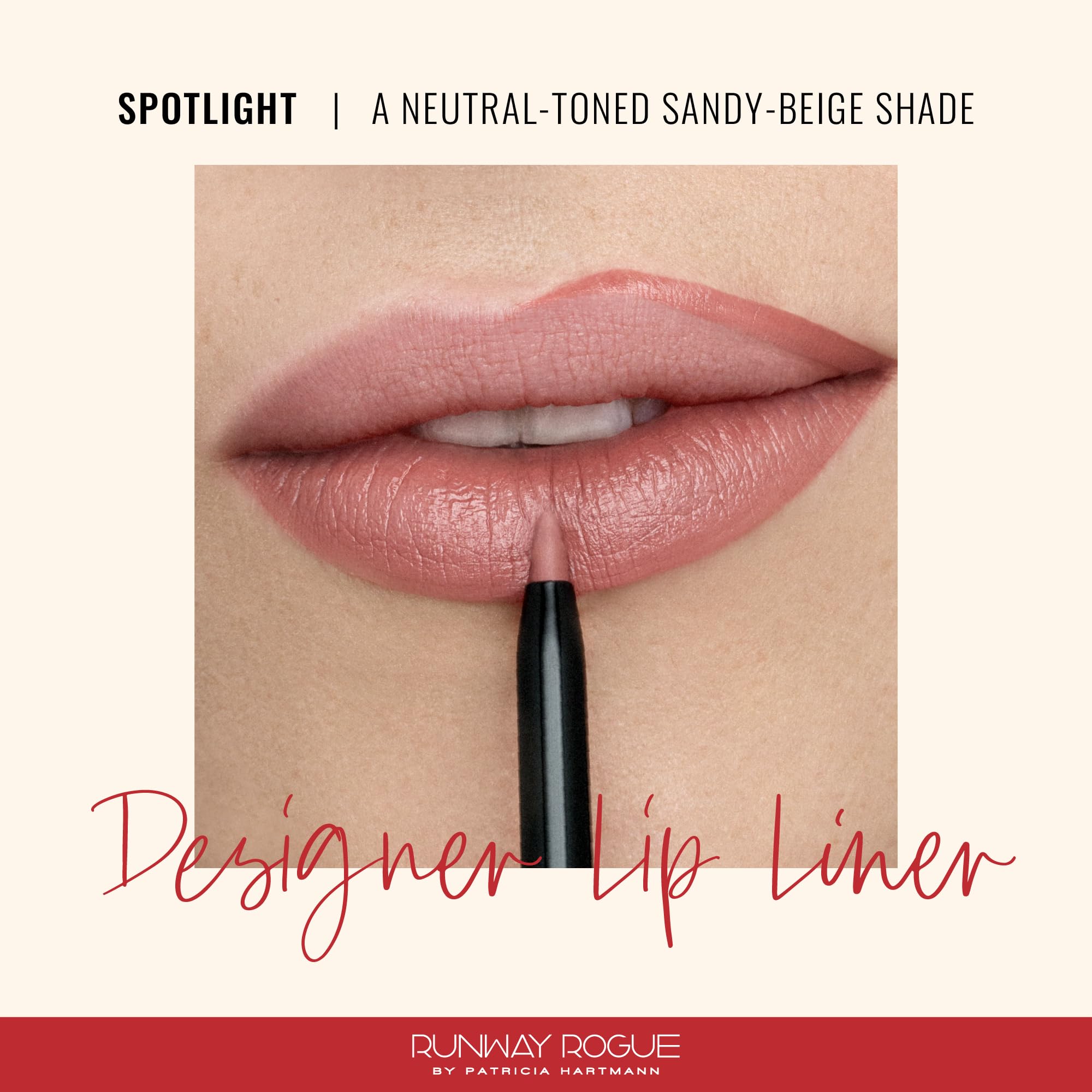 Runway Rogue Spotlight swatches reveal warm sandy-beige shade for versatile lip looks.
