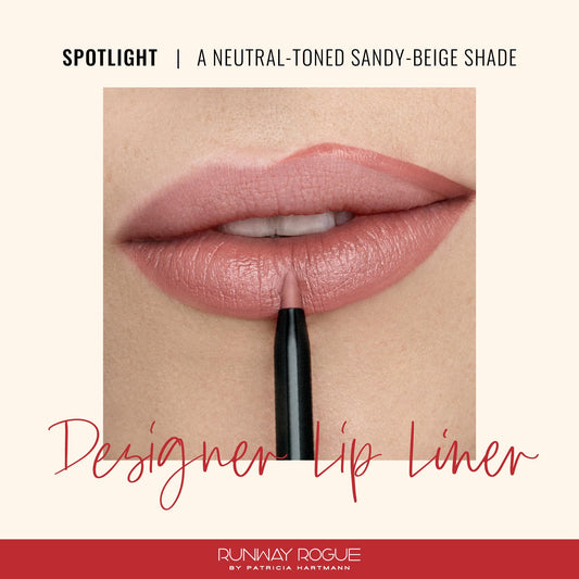 Runway Rogue Spotlight swatches reveal warm sandy-beige shade for versatile lip looks.