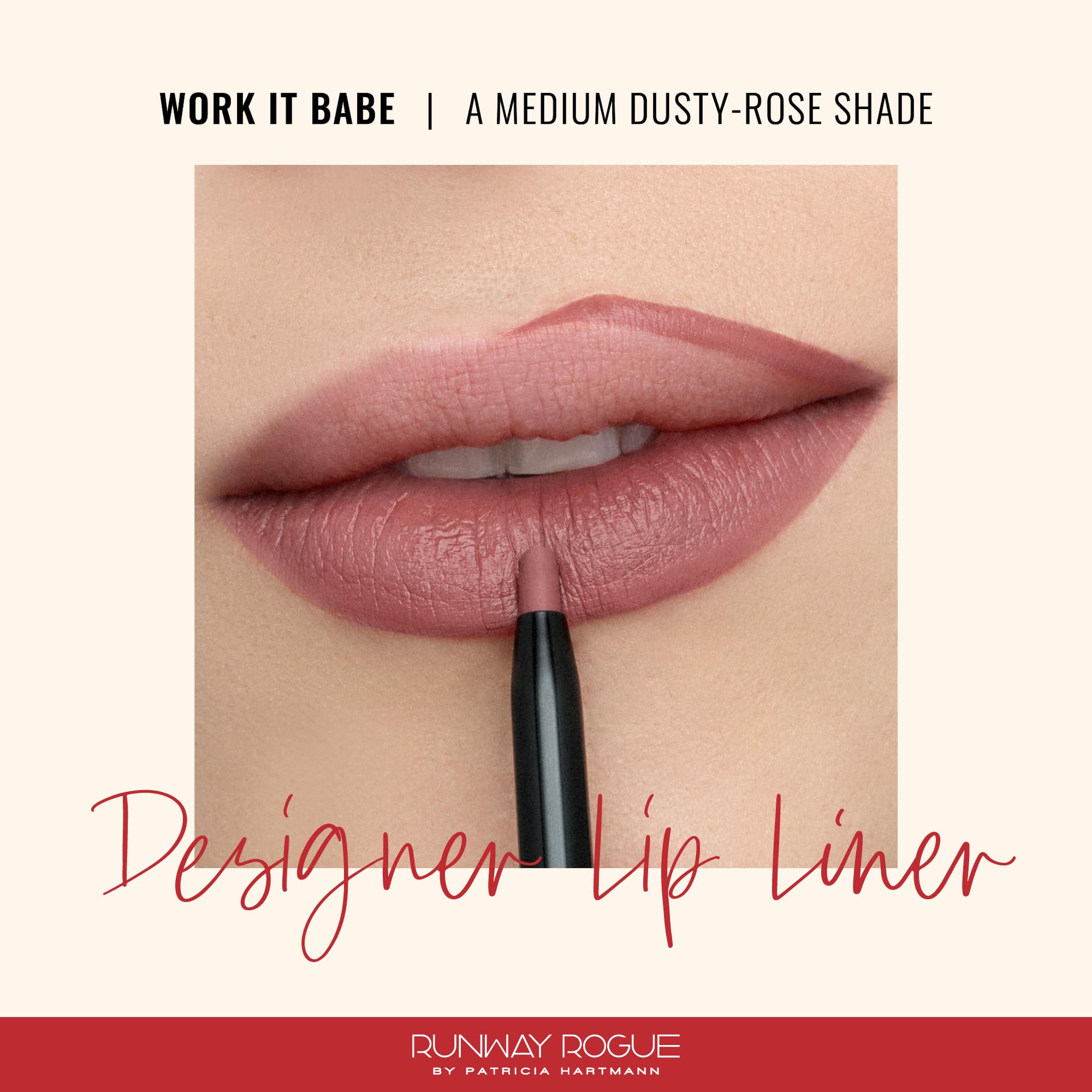 Work It Babe shade swatch on lips showing long-wear matte finish by Runway Rogue.