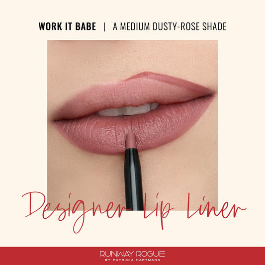 Work It Babe shade swatch on lips showing long-wear matte finish by Runway Rogue.
