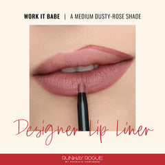 Work It Babe shade swatch on lips showing long-wear matte finish by Runway Rogue.