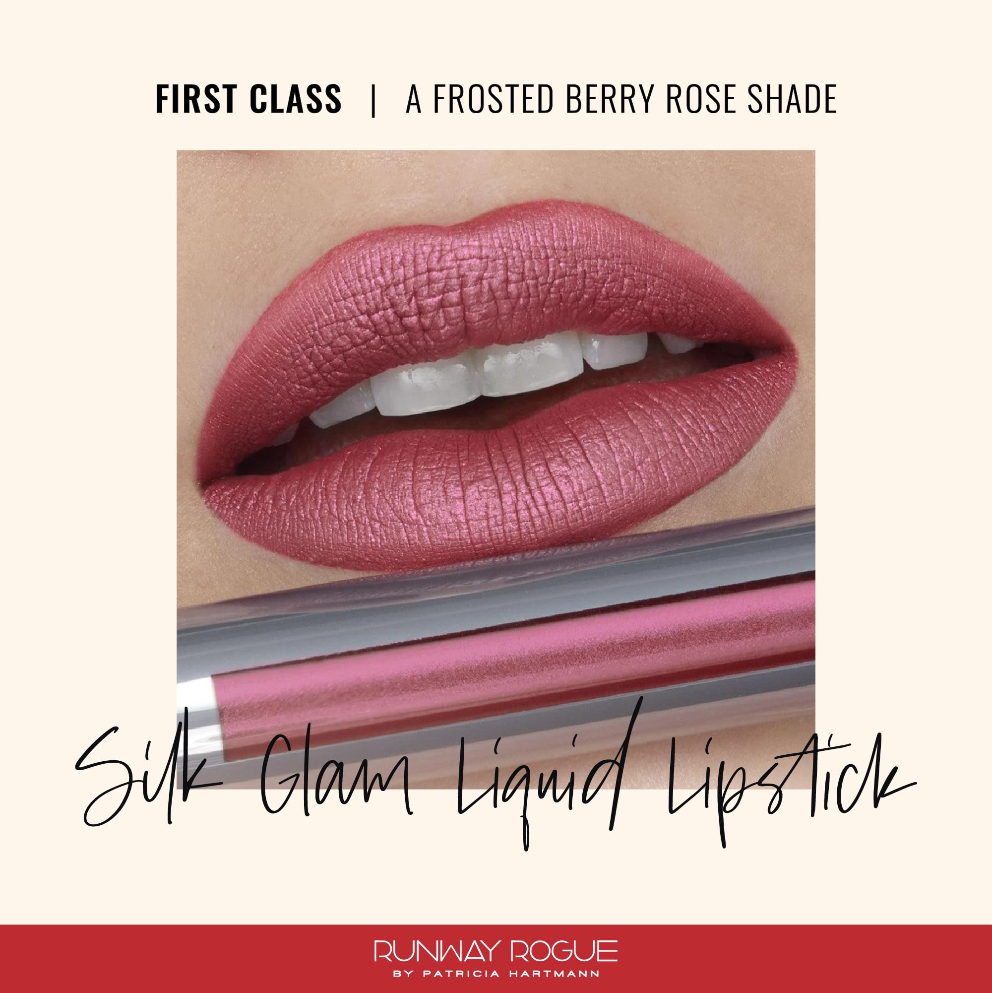 Runway Rogue First Class shade swatch on lips reveals frosted berry-rose glow.