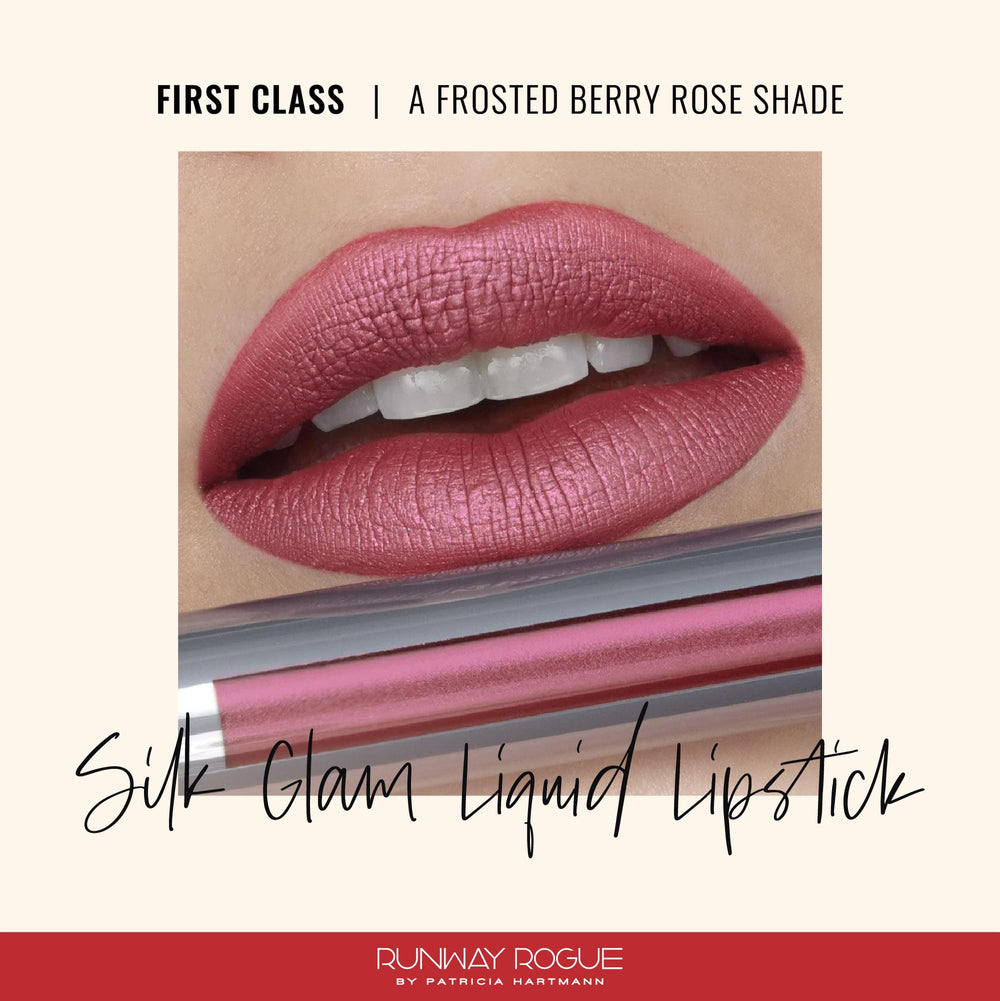Runway Rogue First Class shade swatch on lips reveals frosted berry-rose glow.