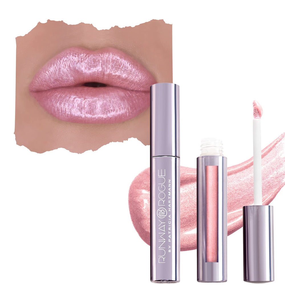 Runway Rogue LuxGloss Catwalk bottle closeup showing soft pastel pink shimmer