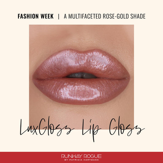 Runway Rogue LuxGloss Rose-Gold Shine swirl for luminous lip look.