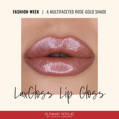 Runway Rogue LuxGloss Rose-Gold Shine swirl for luminous lip look.