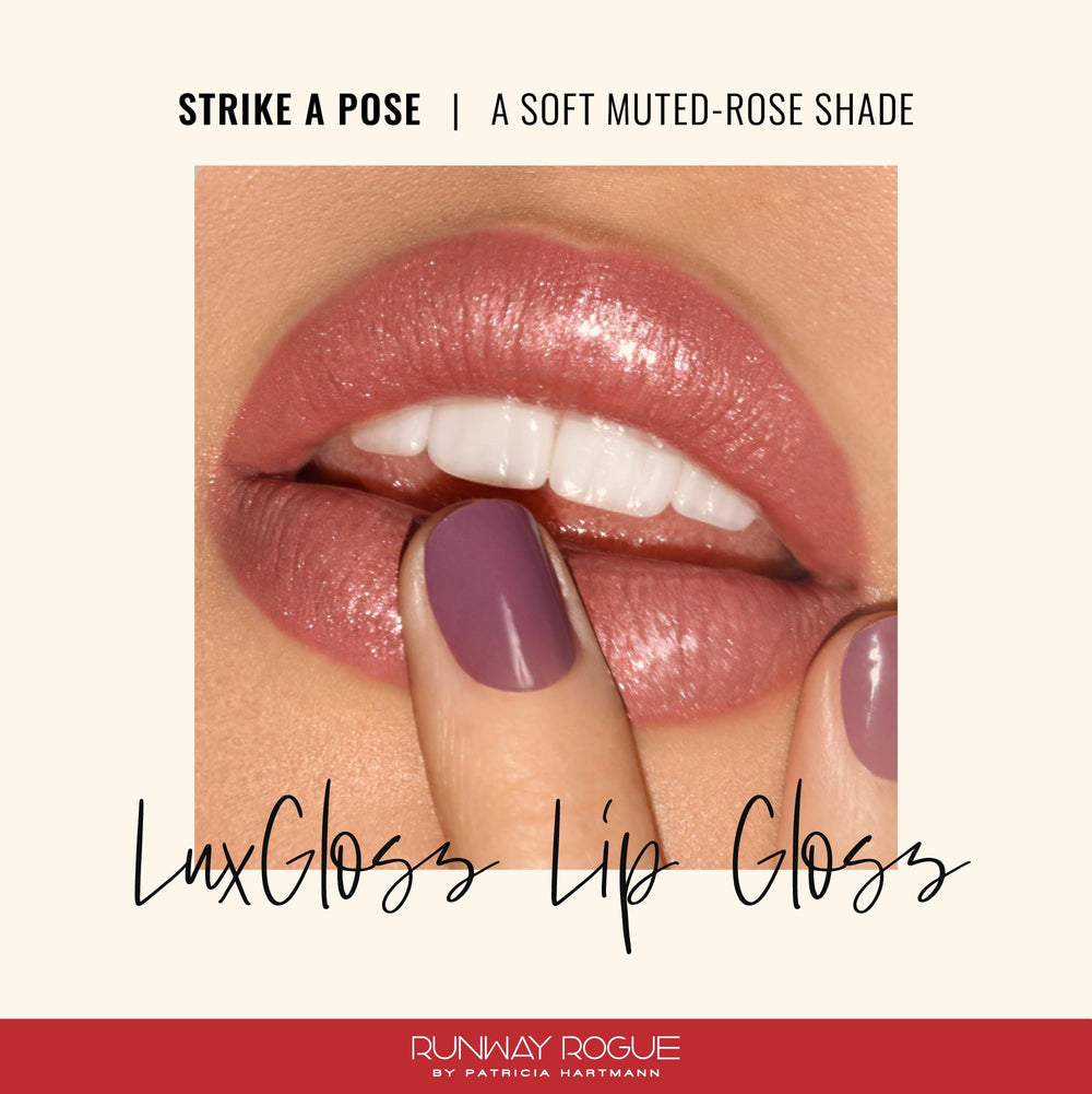 Runway Rogue LuxGloss Strike a Pose swatch on lips highlights high-pigment shimmer