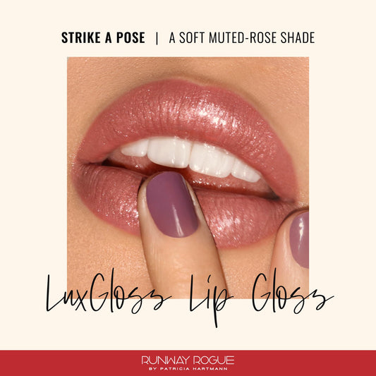 Runway Rogue LuxGloss Strike a Pose swatch on lips highlights high-pigment shimmer