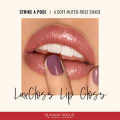 Runway Rogue LuxGloss Strike a Pose swatch on lips highlights high-pigment shimmer
