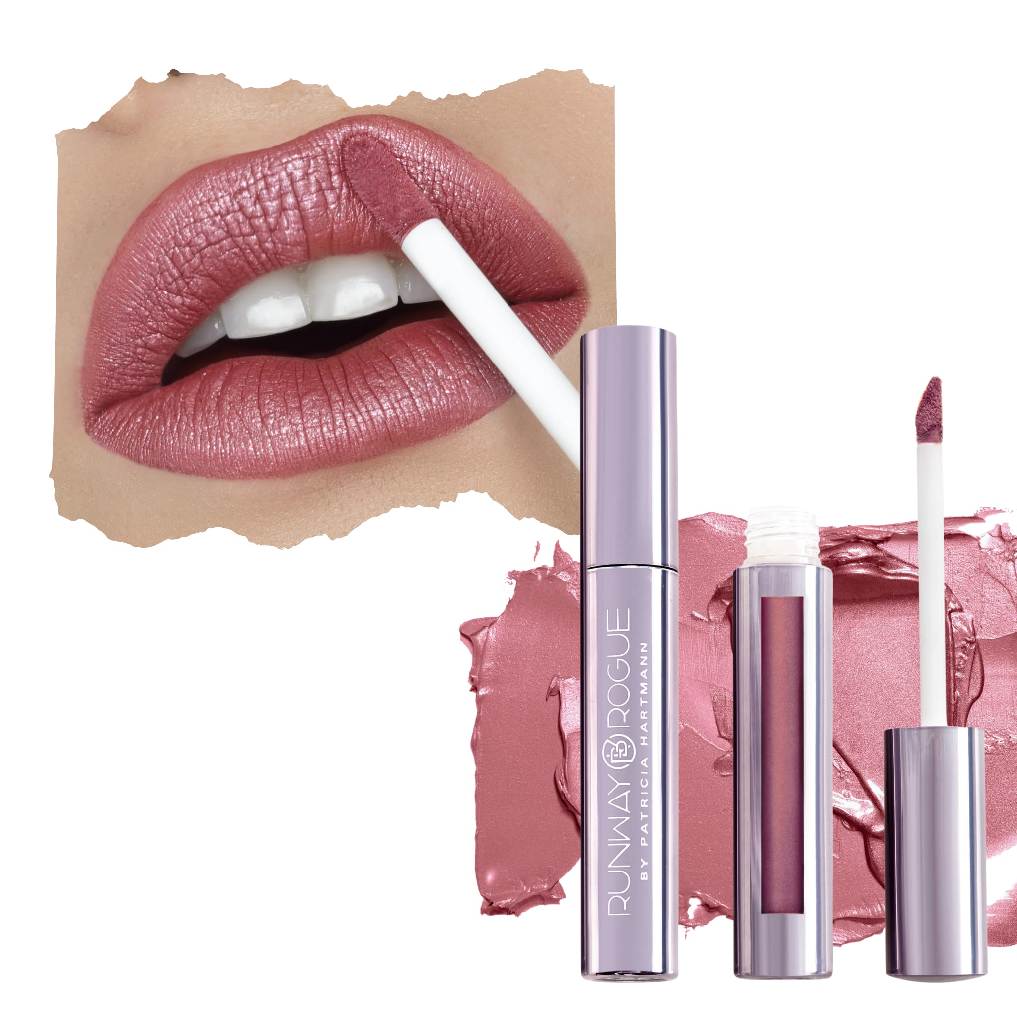 Runway Rogue Pearl Glam lipstick bottle with frosted metallic finish for evening looks.
