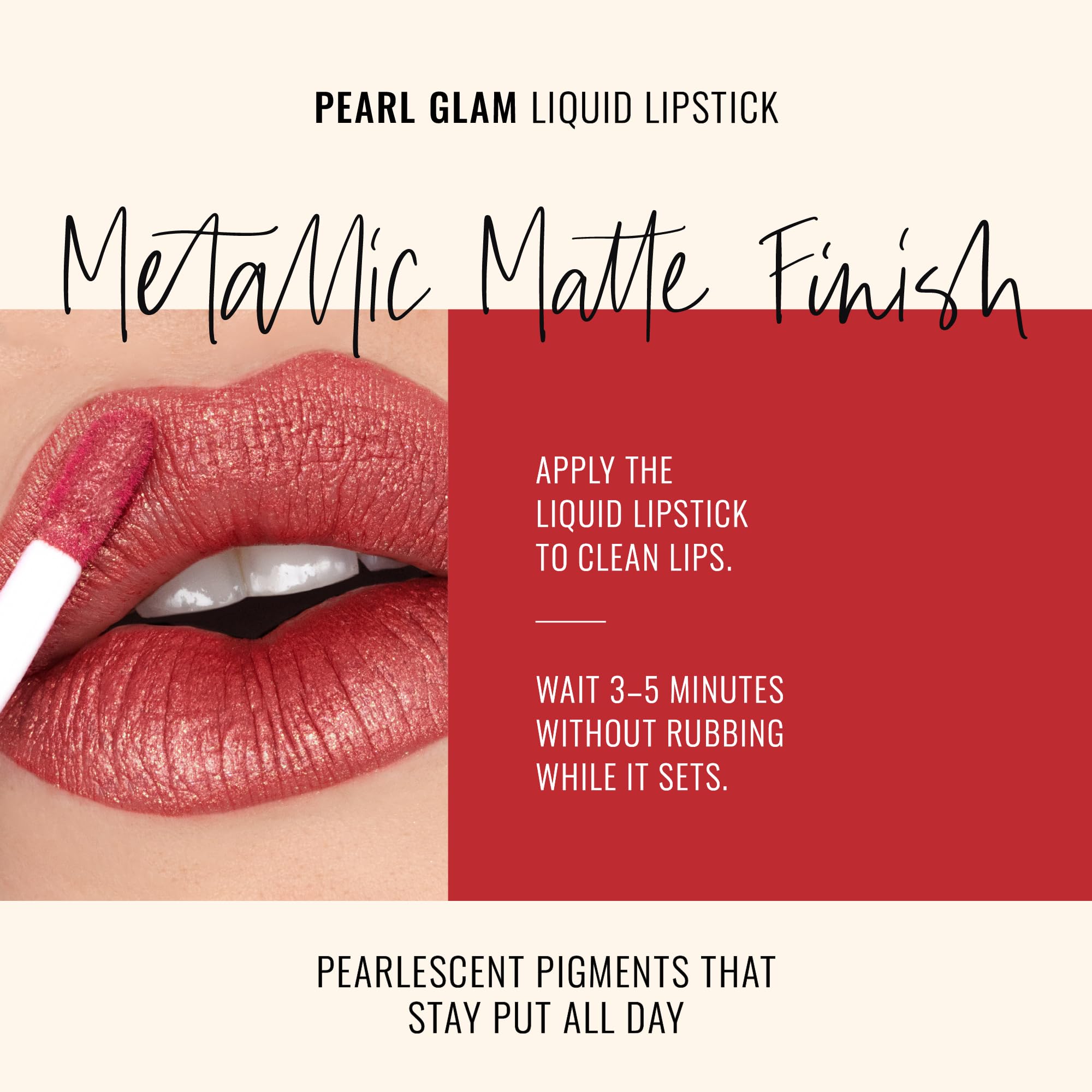 Runway Rogue Pearl Glam Day Rate on lips with warm gold sparkle.