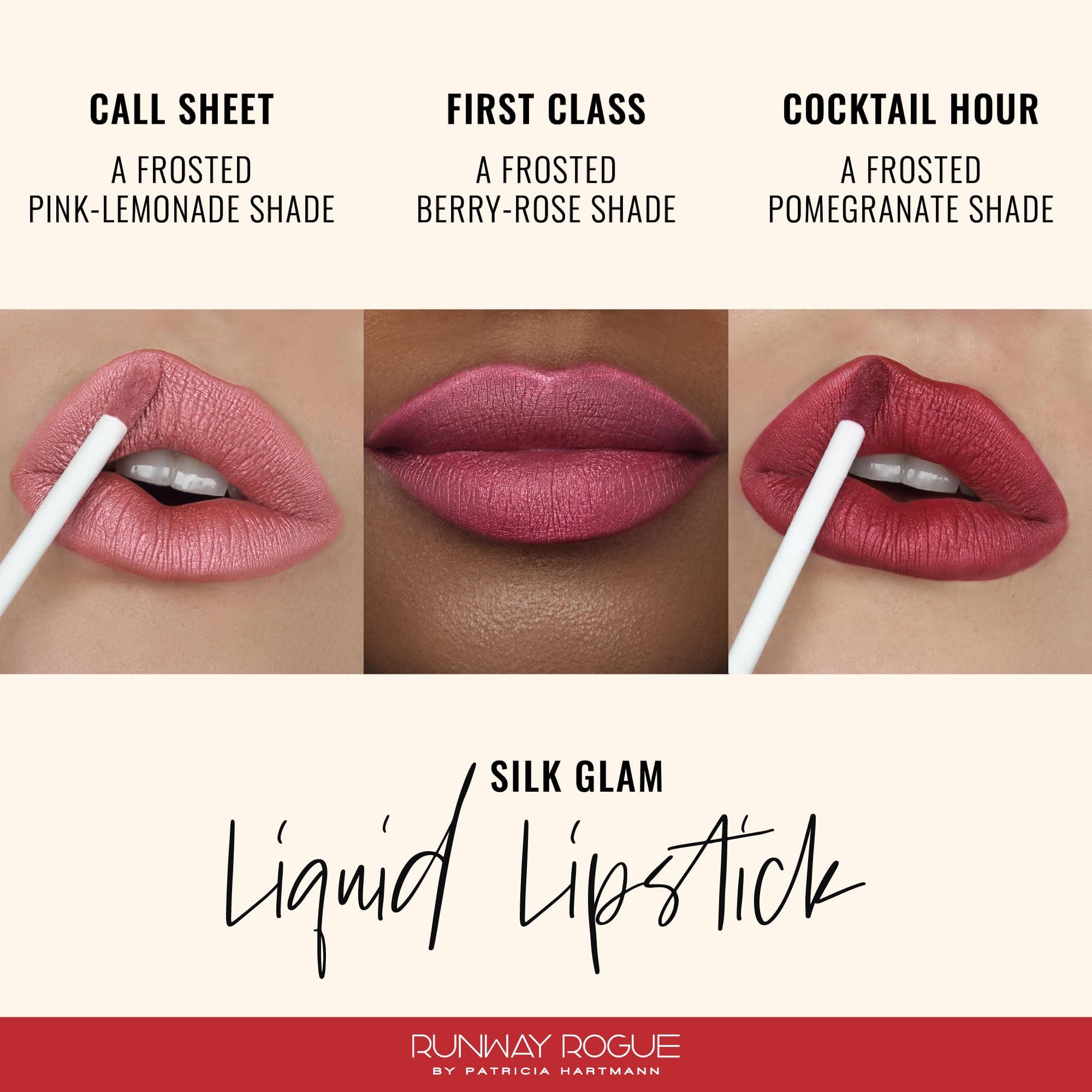 Runway Rogue Silk Glam Cocktail Hour swatch reveals bold pomegranate red frosted finish.