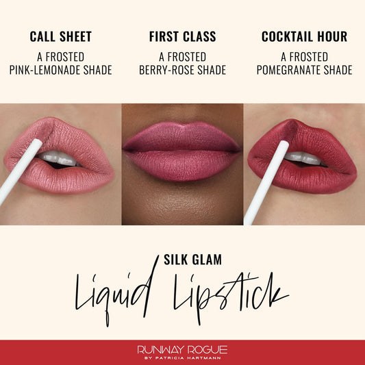 Runway Rogue Silk Glam Cocktail Hour swatch reveals bold pomegranate red frosted finish.