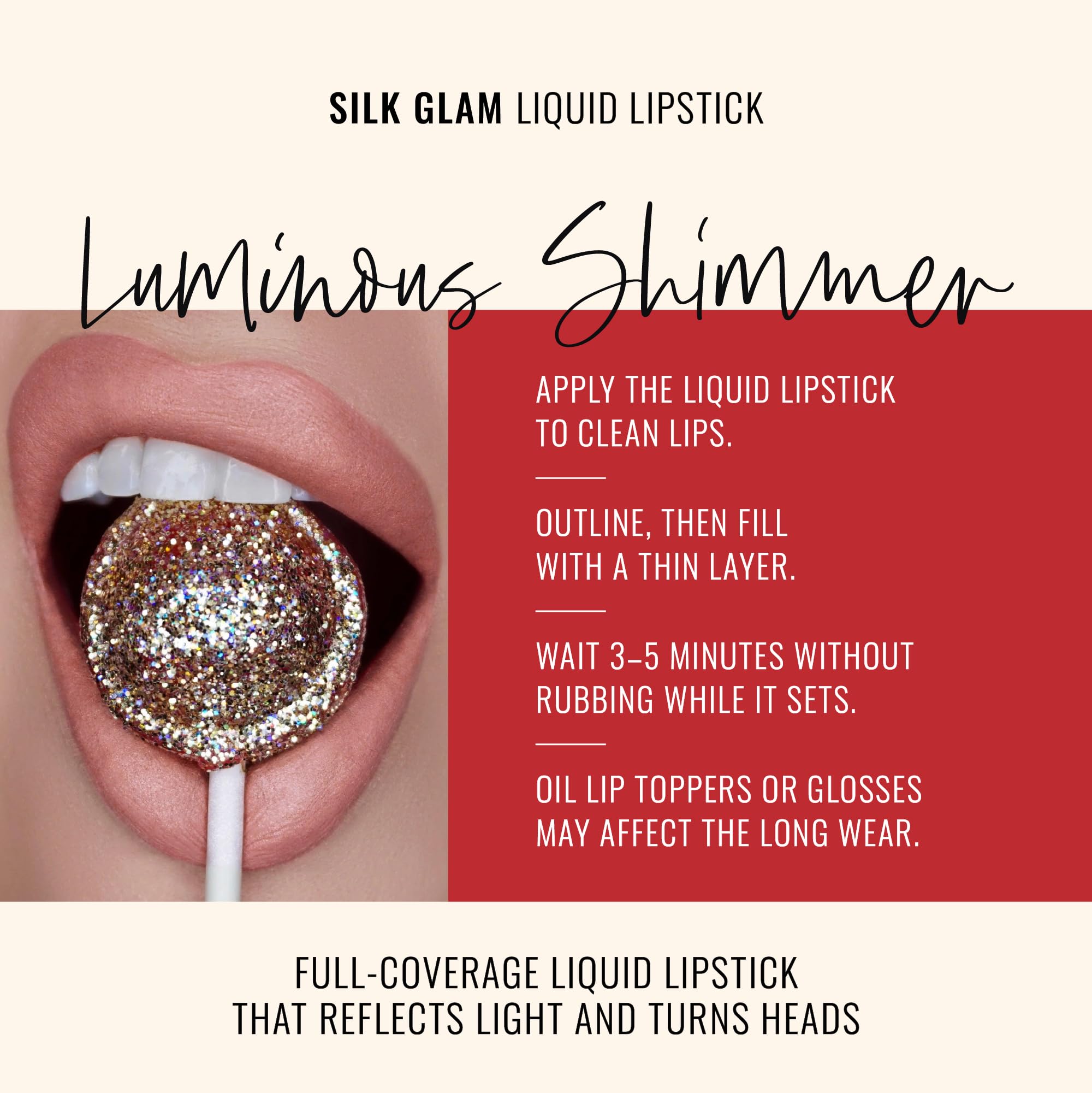 Runway Rogue Silk Glam frosted peach-nude shade highlights a luxe glow on lips.