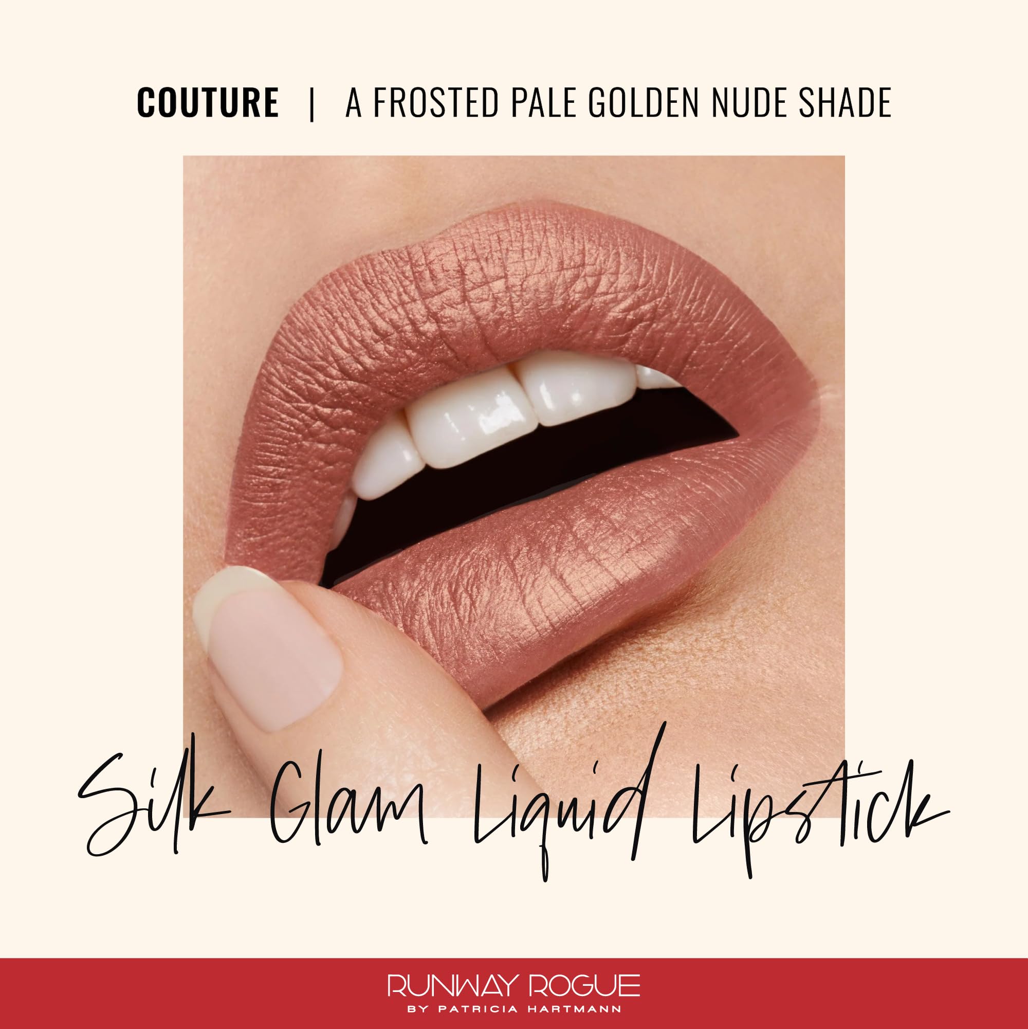 Runway Rogue Silk Glam Couture lipstick cap-off close-up, rich color for all-day wear.