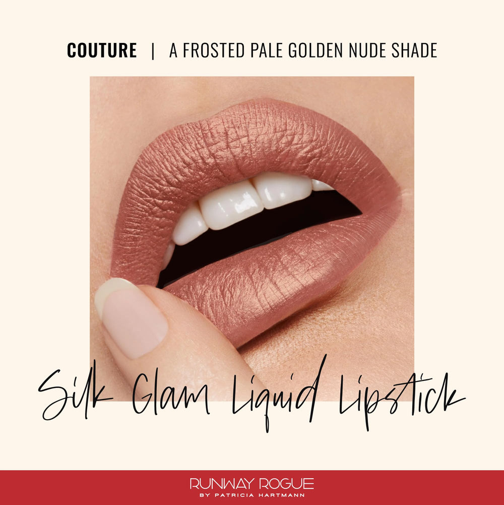 Runway Rogue Silk Glam Couture lipstick cap-off close-up, rich color for all-day wear.