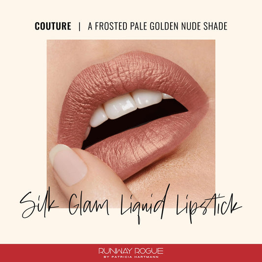 Runway Rogue Silk Glam Couture lipstick cap-off close-up, rich color for all-day wear.