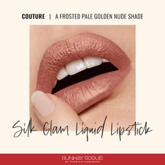 Runway Rogue Silk Glam Couture lipstick cap-off close-up, rich color for all-day wear.