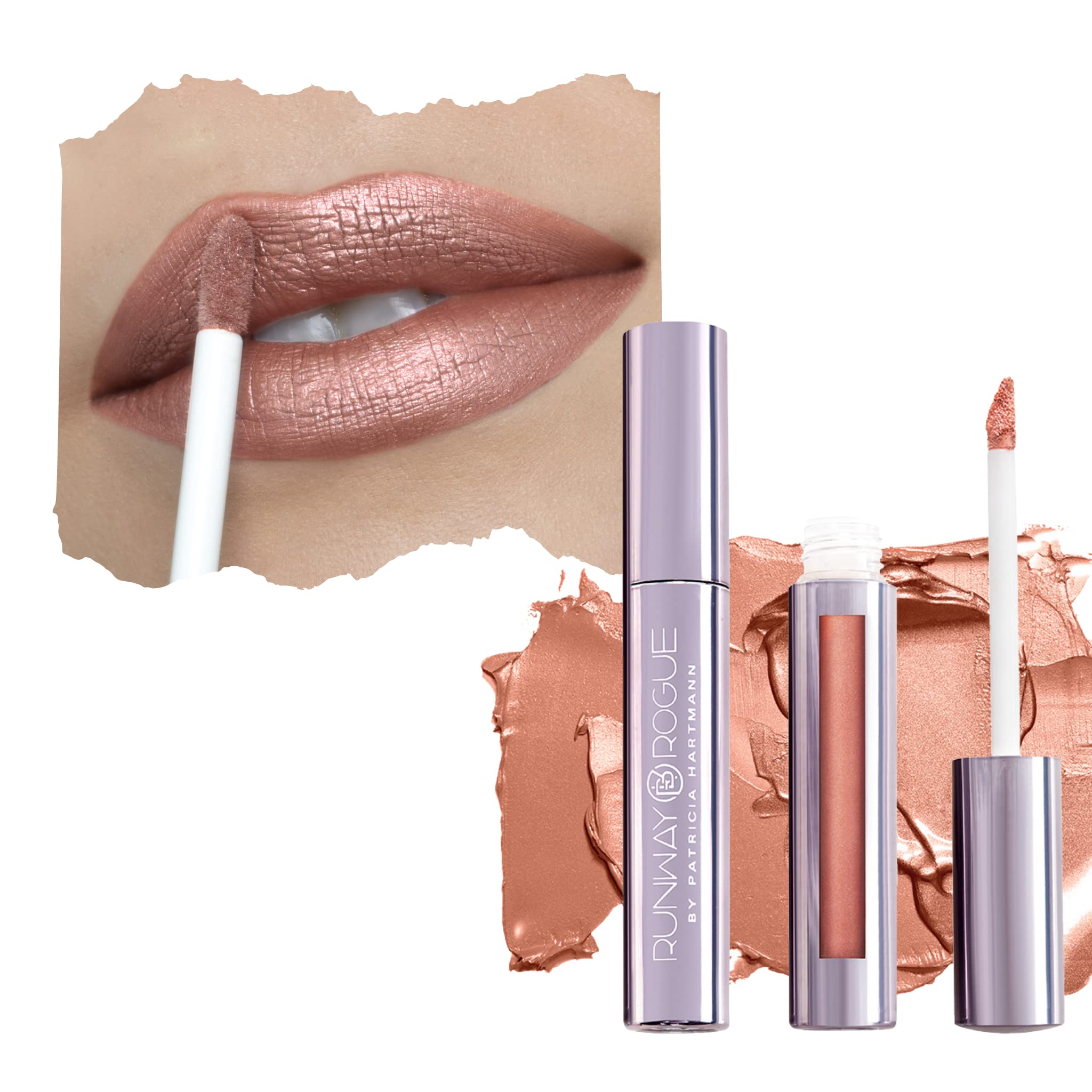 Runway Rogue Silk Glam Couture lipstick, front of tube, frosted golden-nude glow.